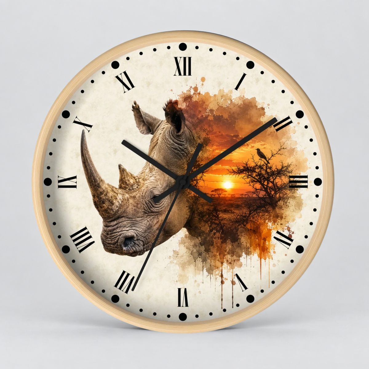 Round wall clock with a light wood frame and a printed dial featuring a rhinoceros head over an orange sunset landscape, with black Roman numerals and hands on a light gray background.