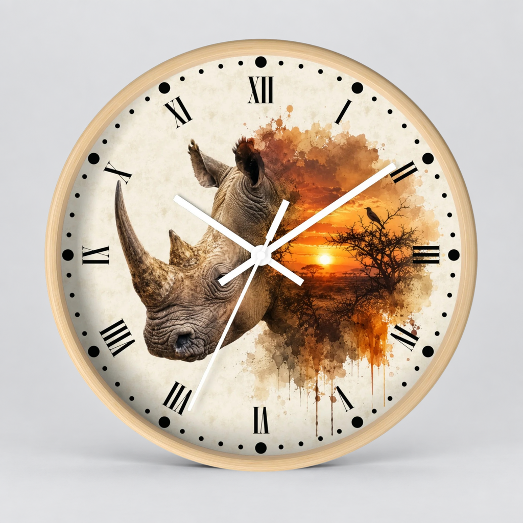Round wall clock with a light wood frame and a printed face featuring a rhinoceros head, Roman numerals, black hour markers, white clock hands, and an orange-brown sunset landscape with a bird silhouette.