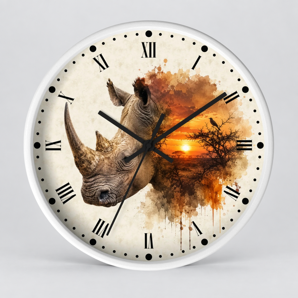 A round wall clock with a white frame and a printed face featuring a rhinoceros head merging into an orange sunset landscape with tree silhouettes and black Roman numerals.