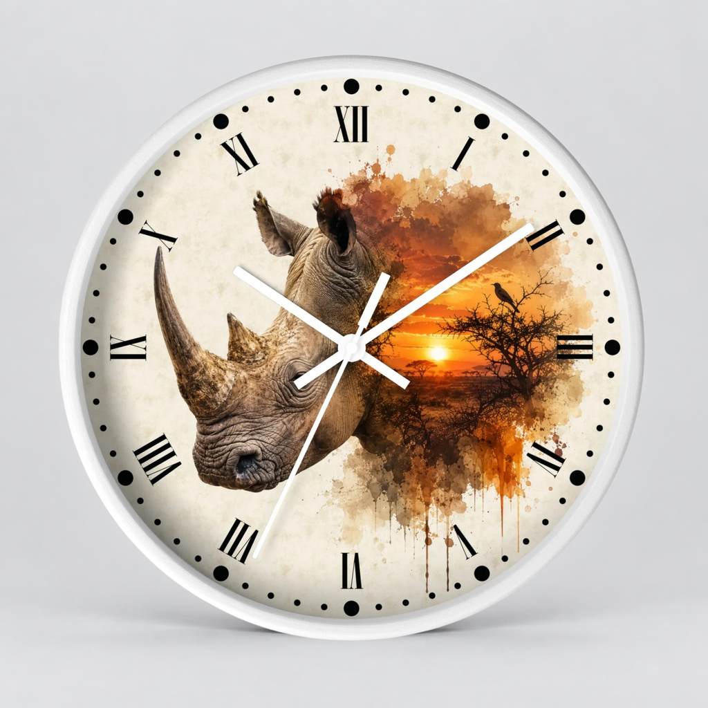 Round wall clock with a white frame and a printed dial featuring a rhinoceros head over an orange sunset landscape, with black Roman numerals and hour markers.