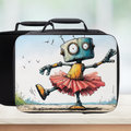 Black lunch bag with a robot in a pink tutu design on a white background