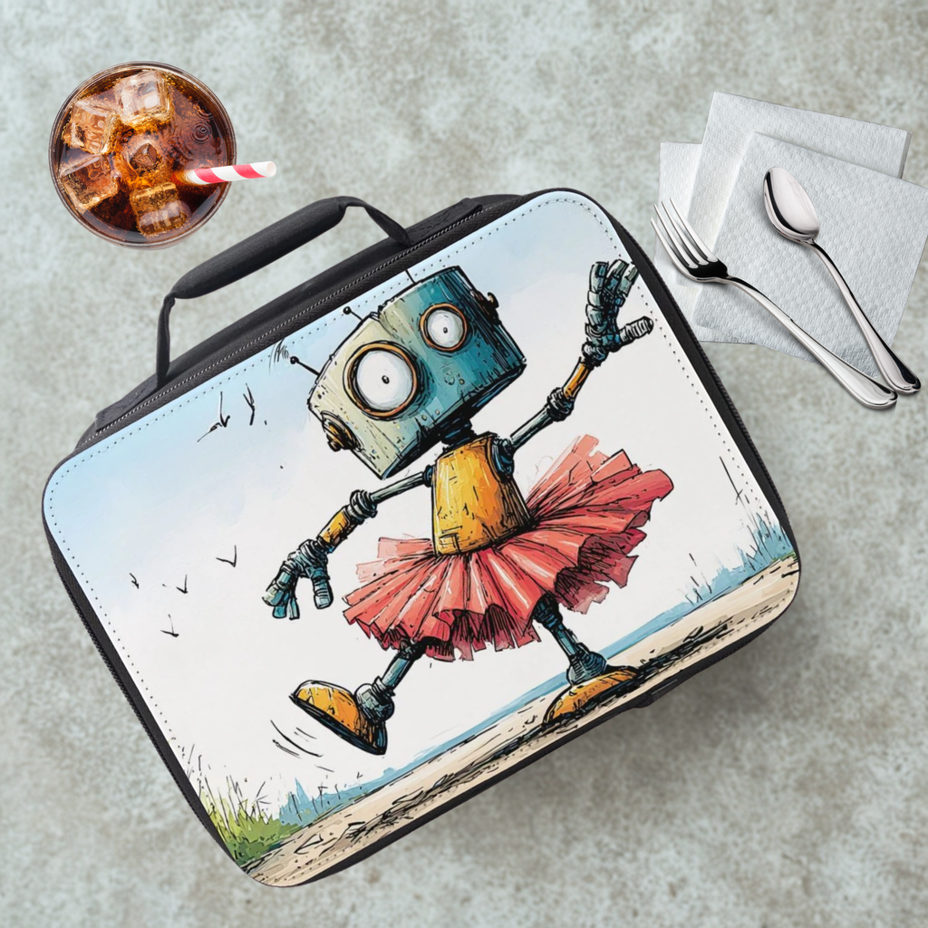 Lunch bag with a robot design on a cafeteria table with a drink and utensils.