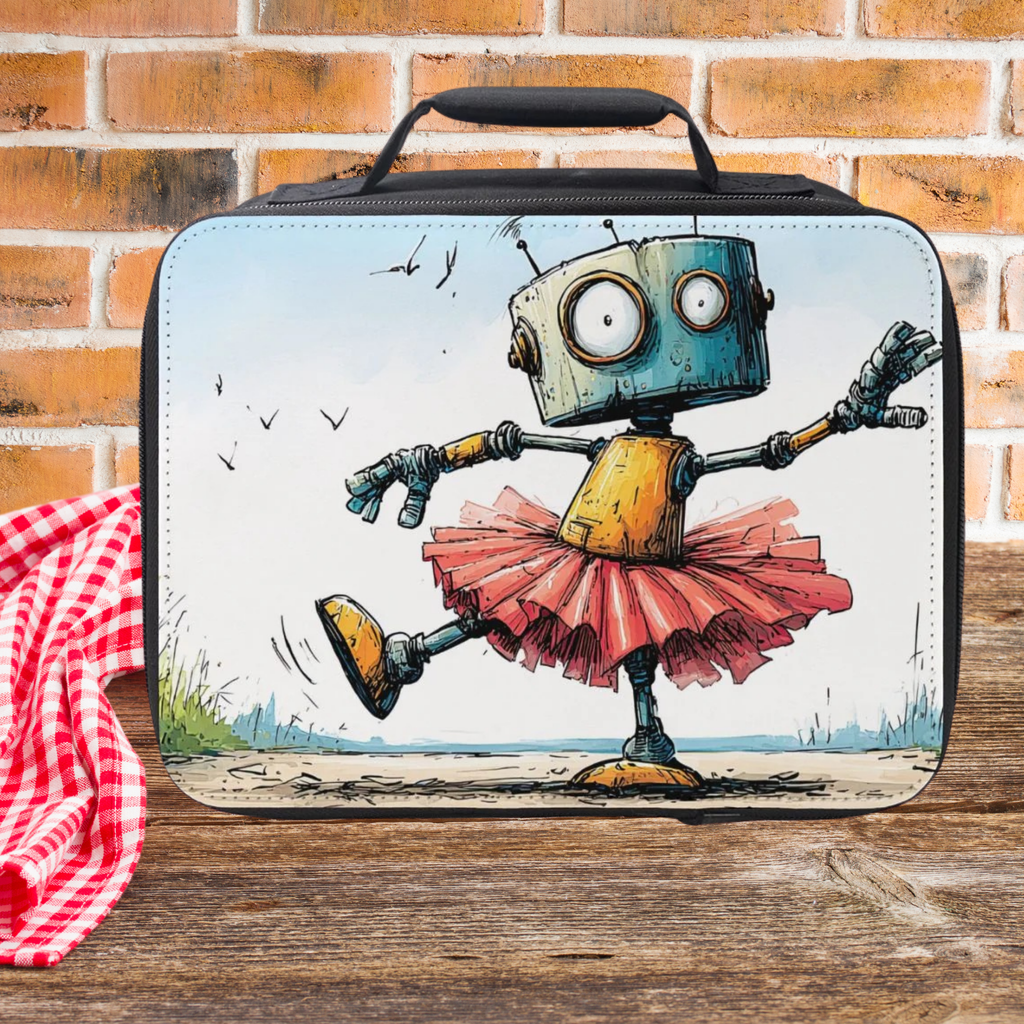 Lunch bag with a robot ballerina design on a wooden picnic table and brick wall background