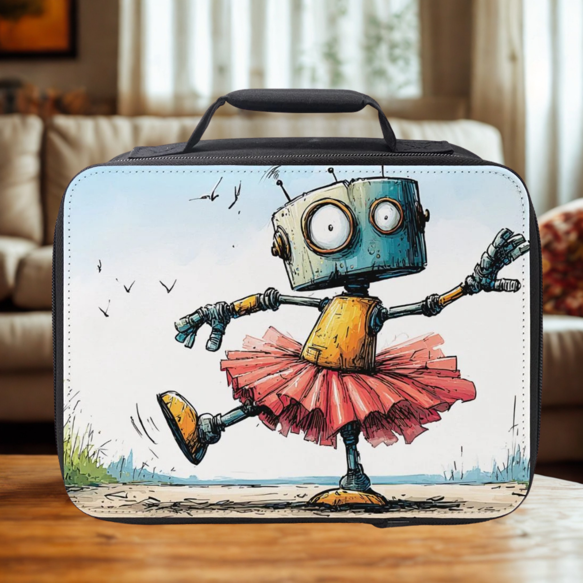  insulated lunch bag with a robot ballerina  design on a wooden table in a cozy living room