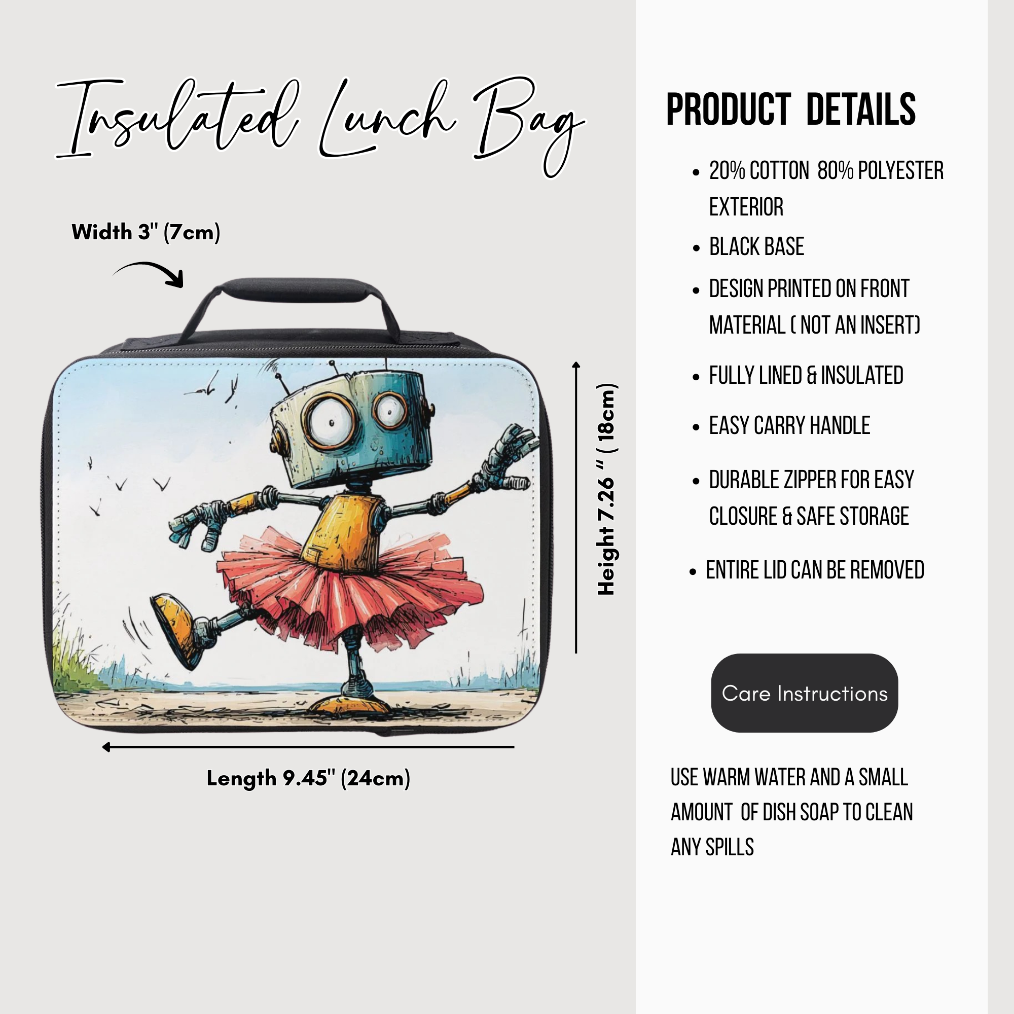 Insulated lunch bag with a robot design, featuring dimensions and product details on a white background.