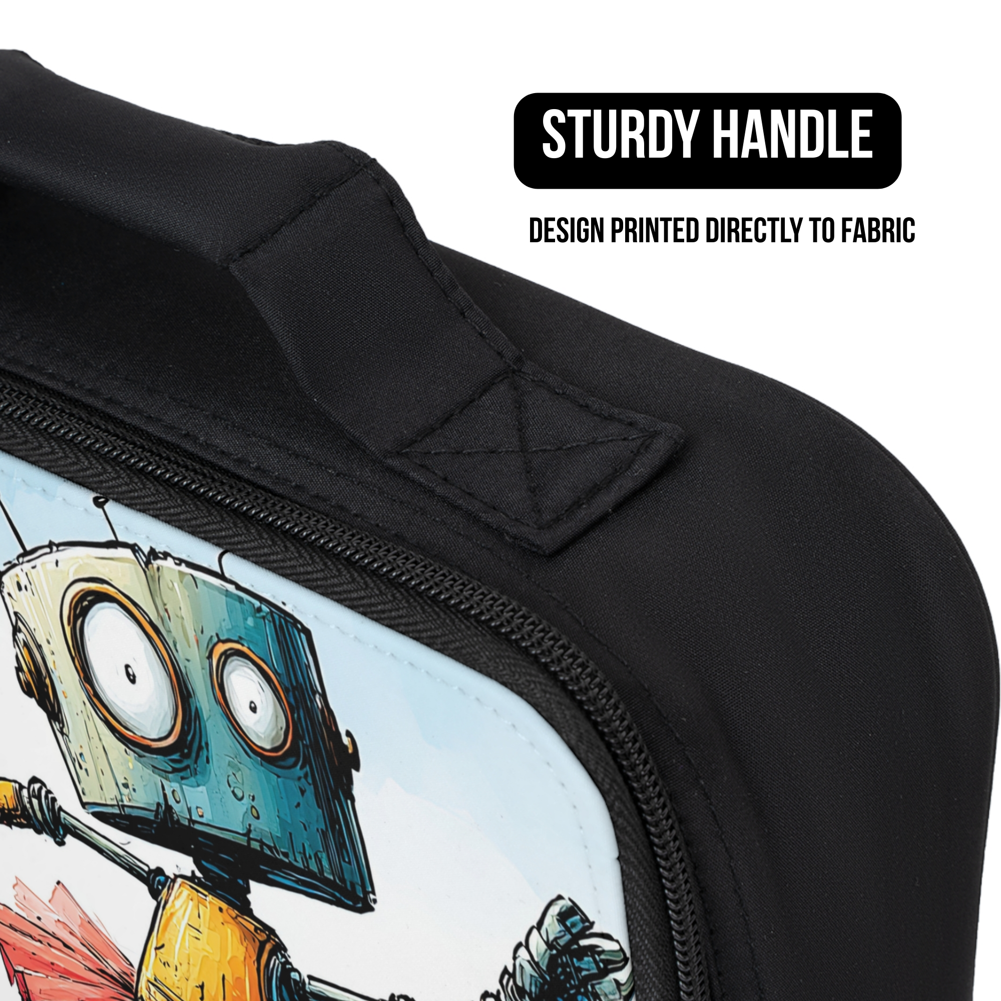 Black lunch bag with a robot design and 'Sturdy Handle' text on a white background