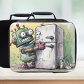  insulated lunch bag with robot and refrigerator cartoon design on a counter with a light background