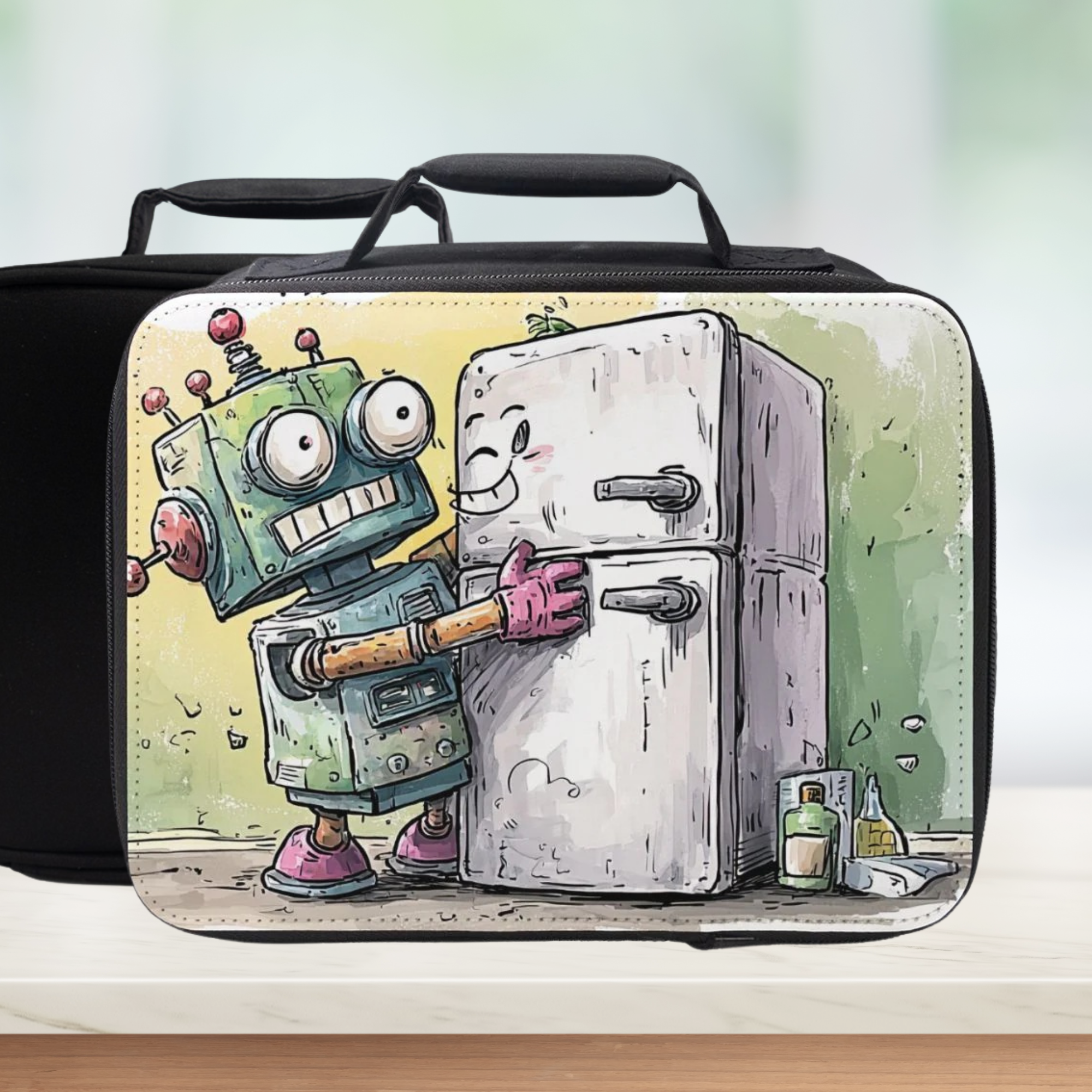  insulated lunch bag with robot and refrigerator cartoon design on a counter with a light background