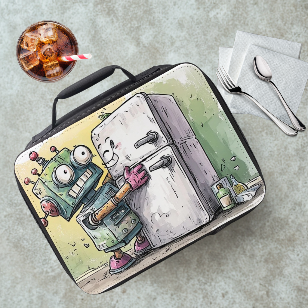 Lunch bag with robot design on a cafeteria table with a drink and utensils.