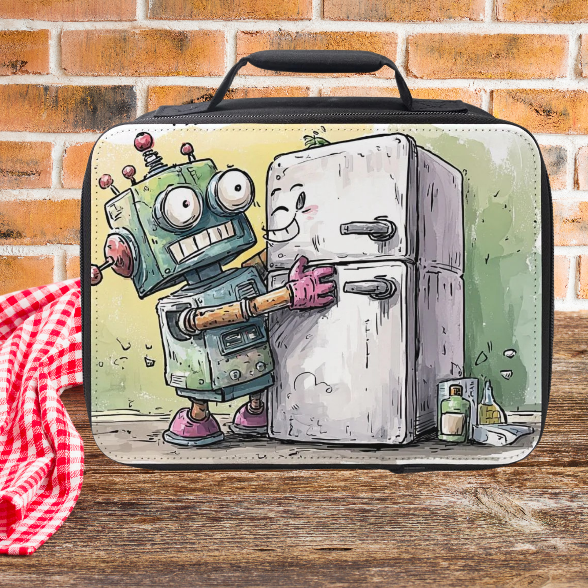 Lunch bag with a robot and refrigerator design on a wooden picnic table against a brick wall background