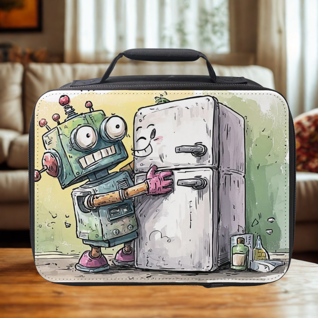Lunch bag with a robot and refrigerator cartoon design on a wooden table in a cozy living room.