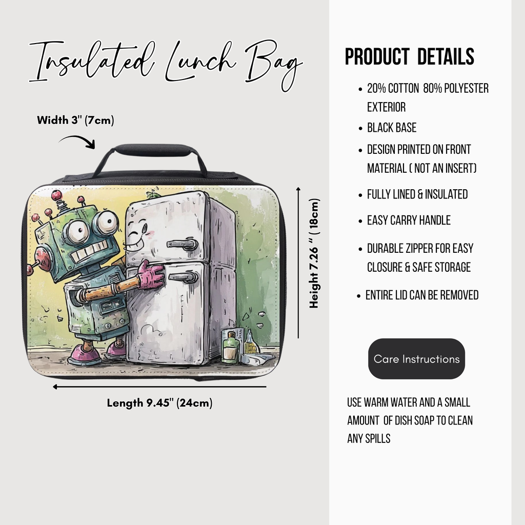 Insulated lunch bag with robot design and product details on a white background