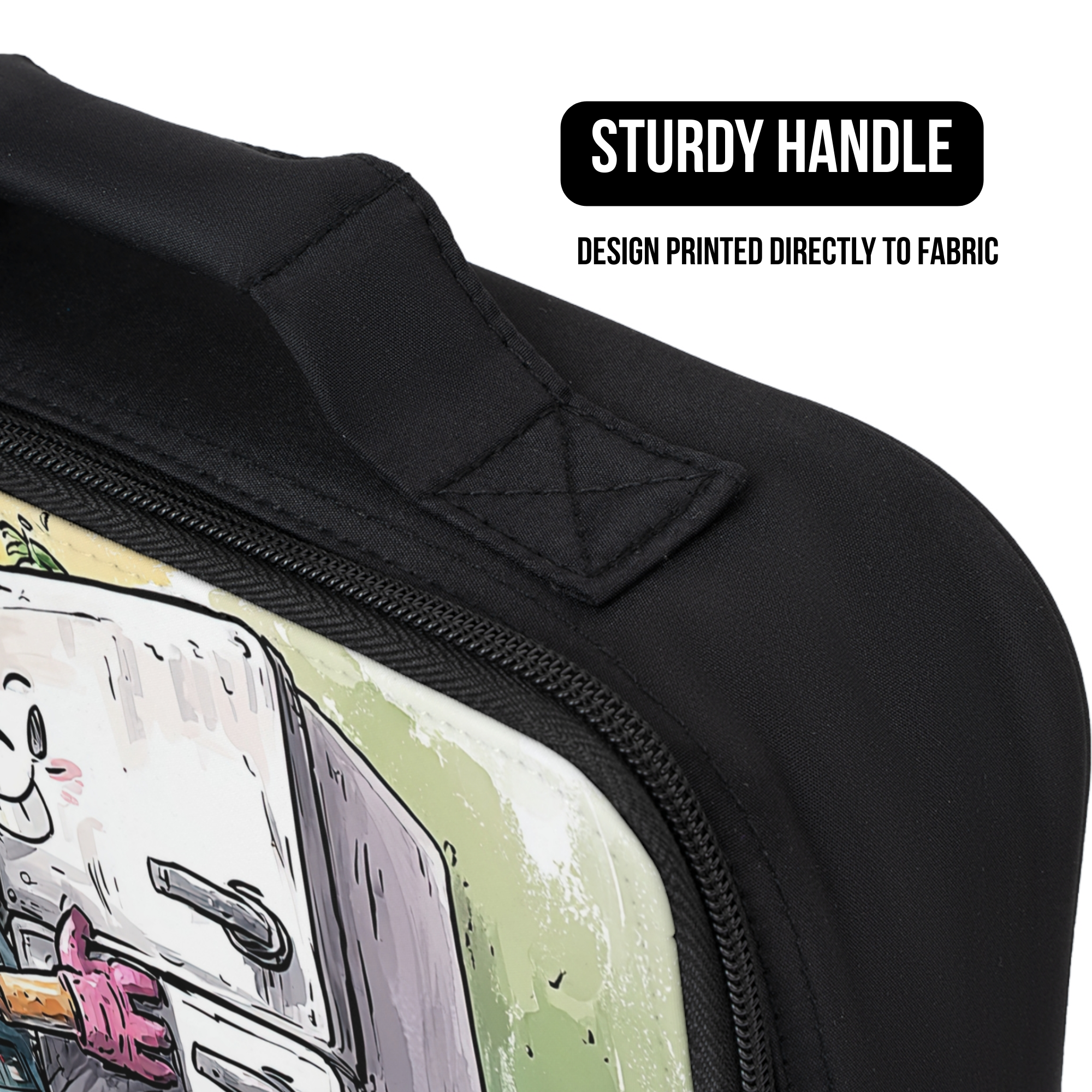 Black lunch bag with a design printed directly to fabric and a sturdy handle.