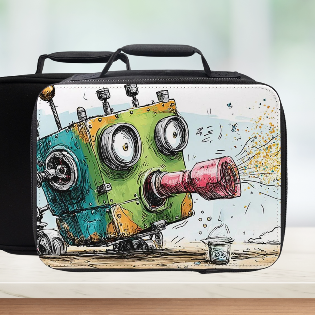 Black lunch bag with a colorful robot design on a white background