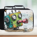 Black lunch bag with a colorful robot design on a white background