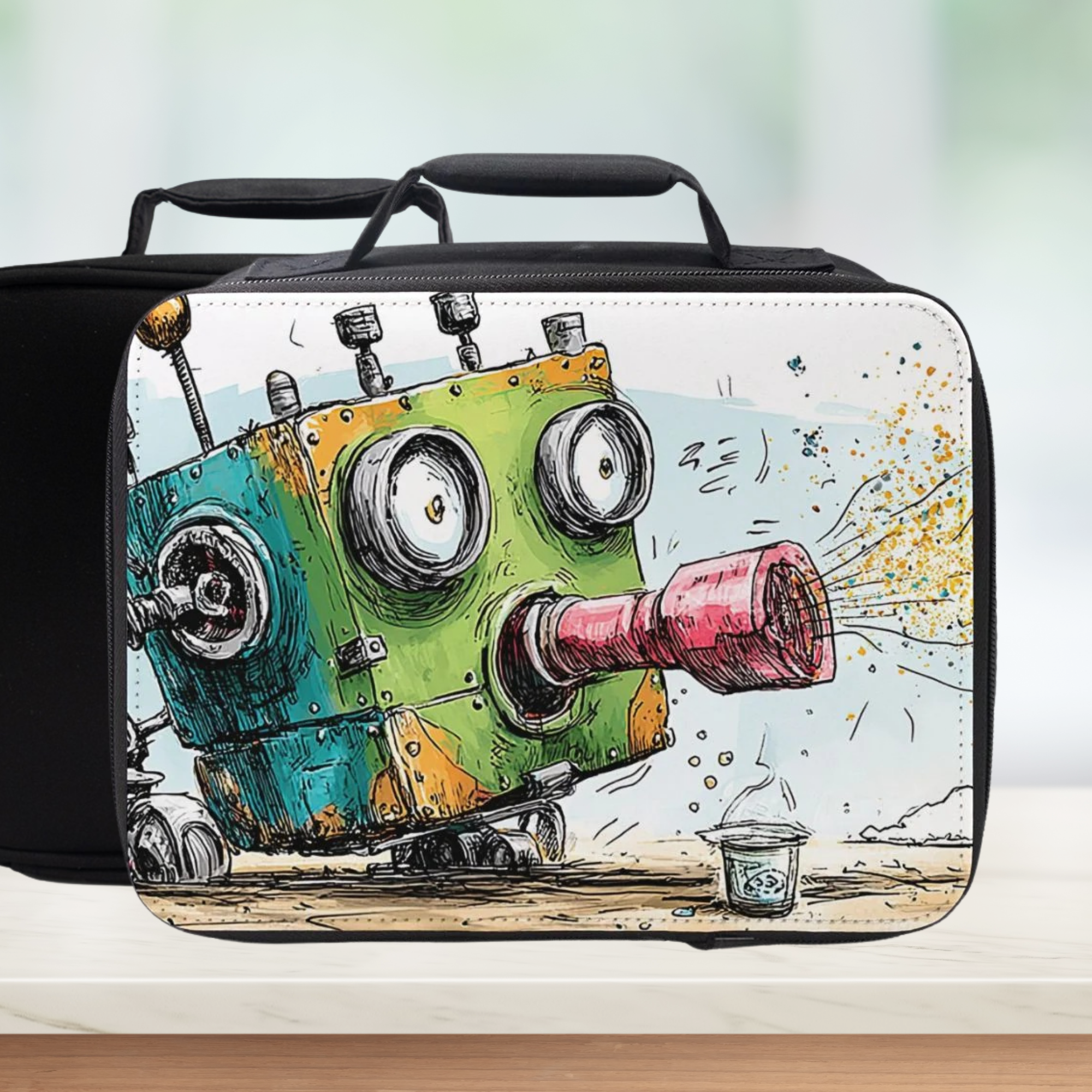 Black lunch bag with a colorful robot design on a white background