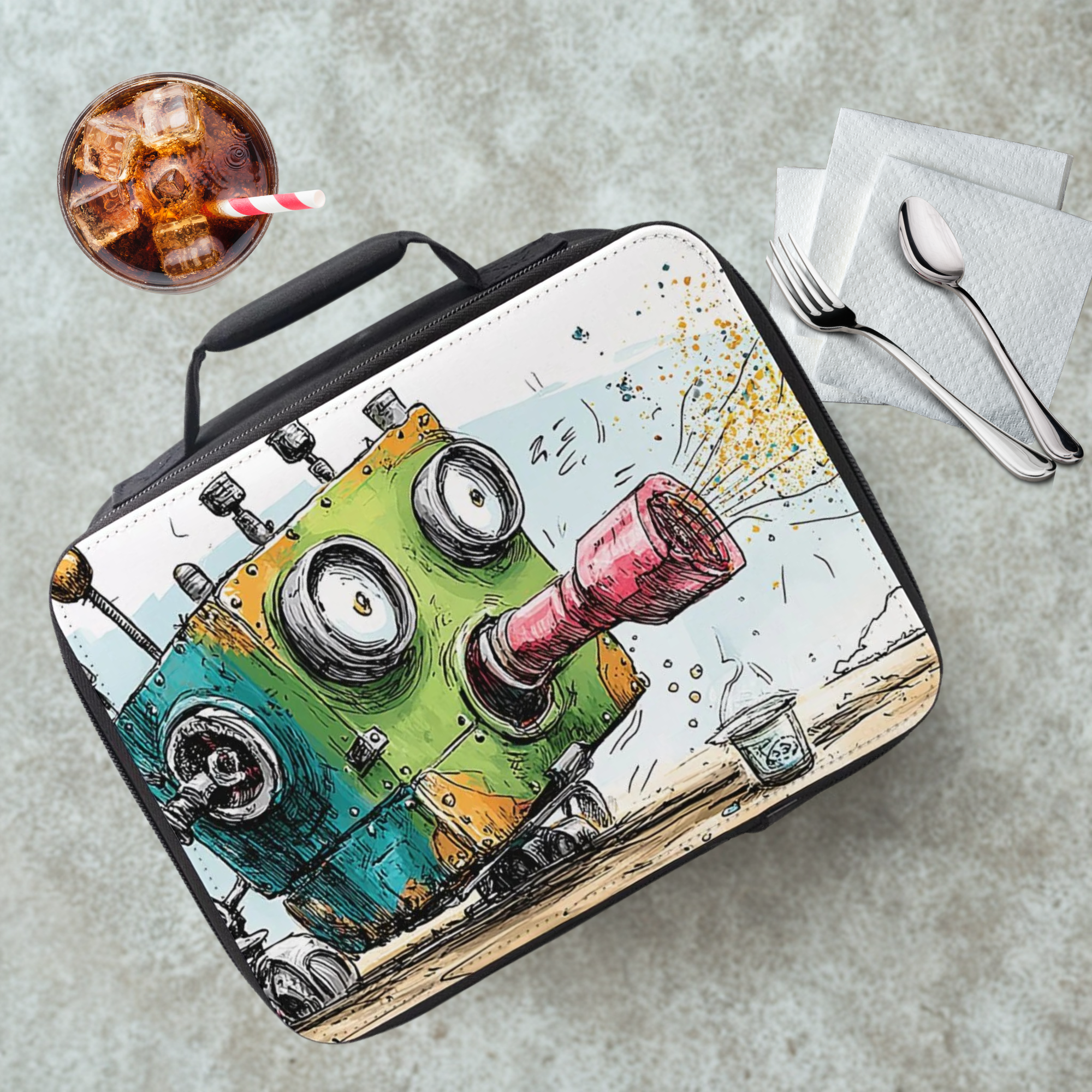 Lunch bag with a colorful illustration of a vintage looking robot sneezing glitter on a table with a drink and utensils in the background.