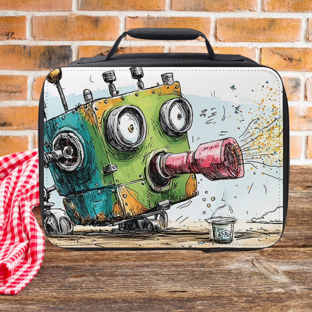 Colorful robot design on a lunch bag against a brick wall background