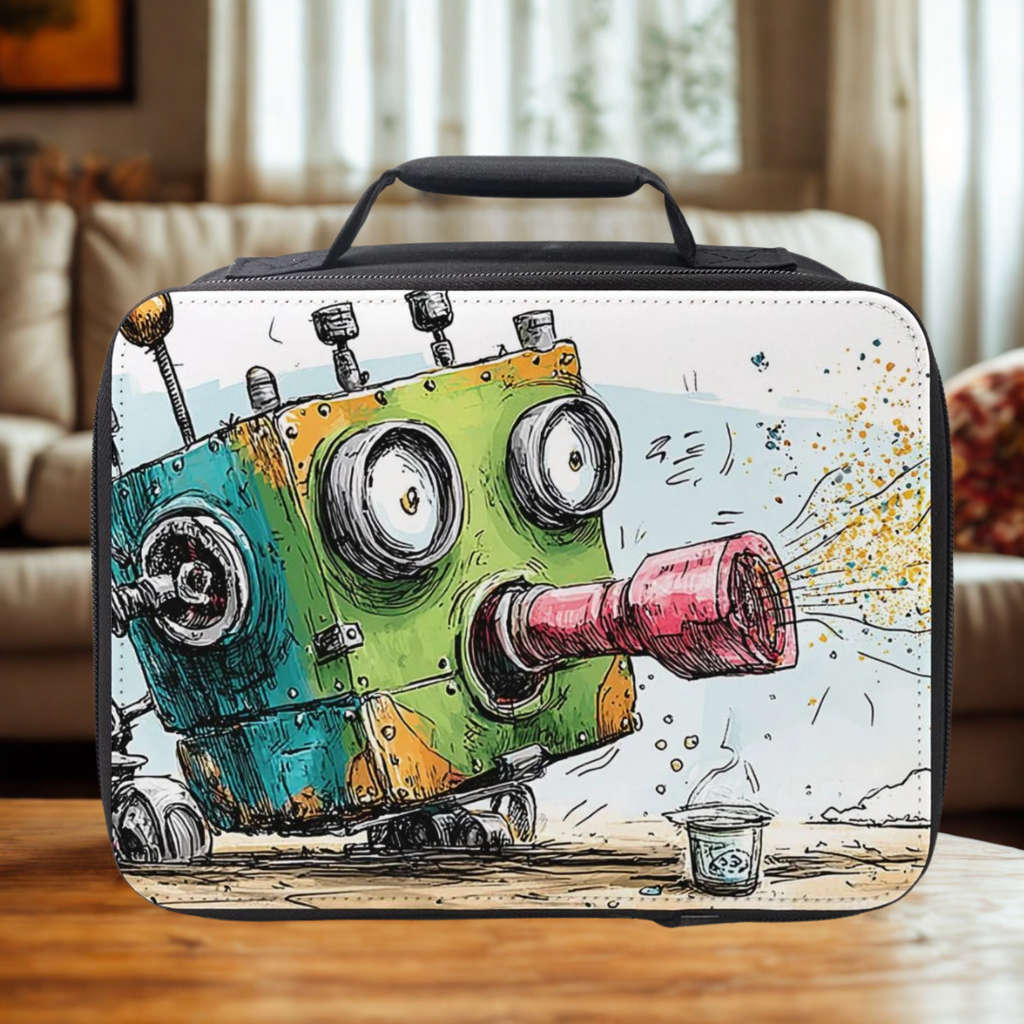 Colorful robot design on a black lunch box in a home setting