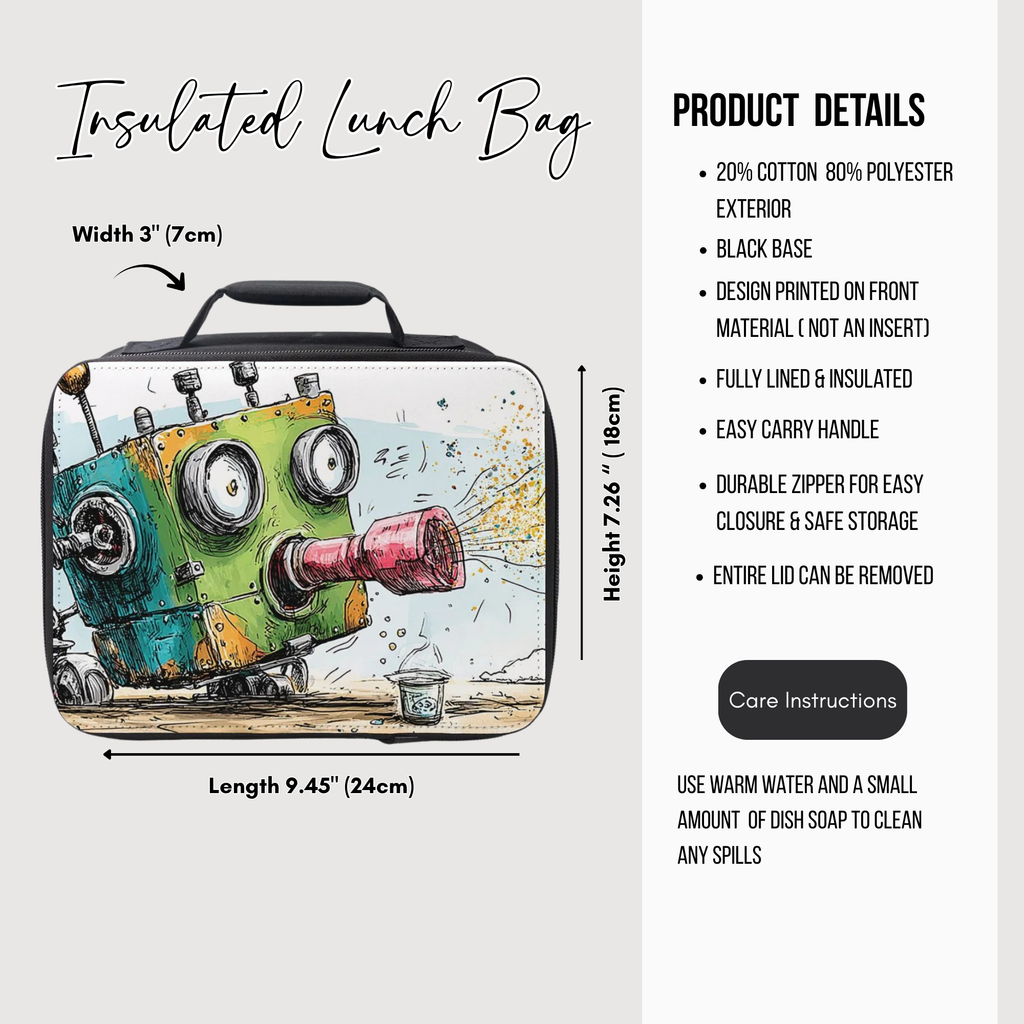 Insulated lunch bag with robot design and product details on a white background