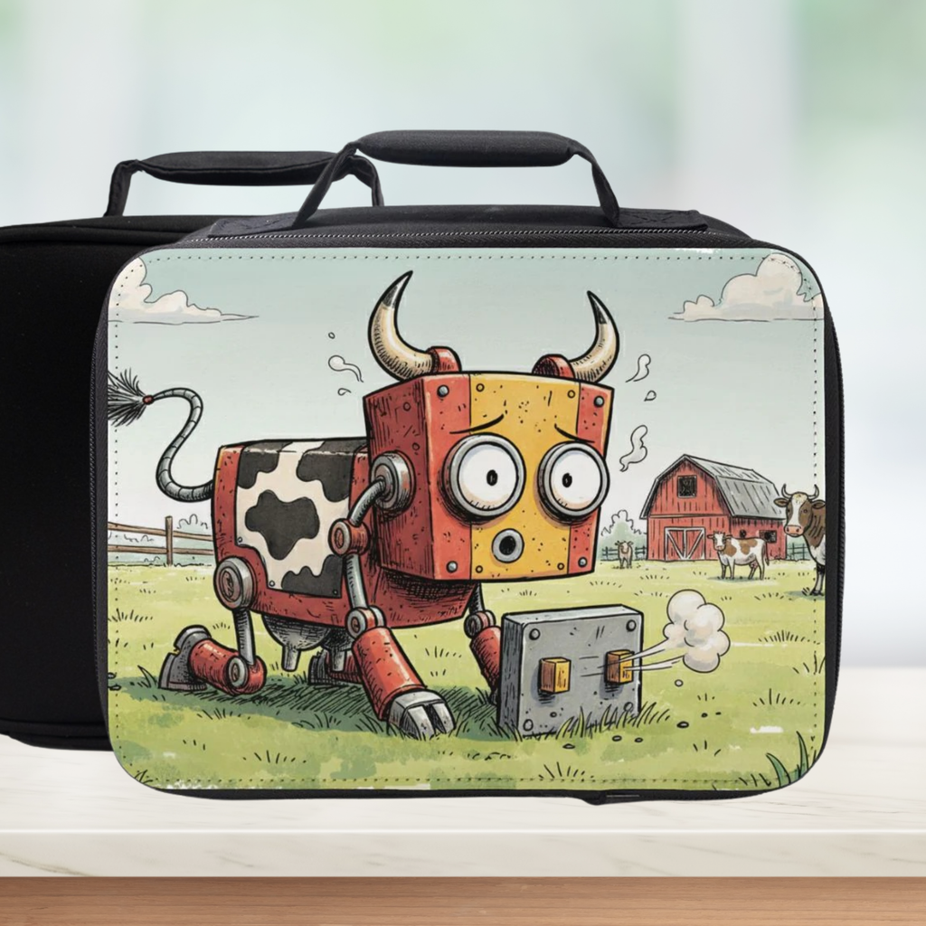 Lunch bag with a cartoon robot cow design on a wooden surface