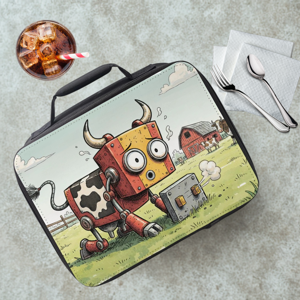 Lunch bag with a cow robot design on a cafeteria table with a drink and utensils.