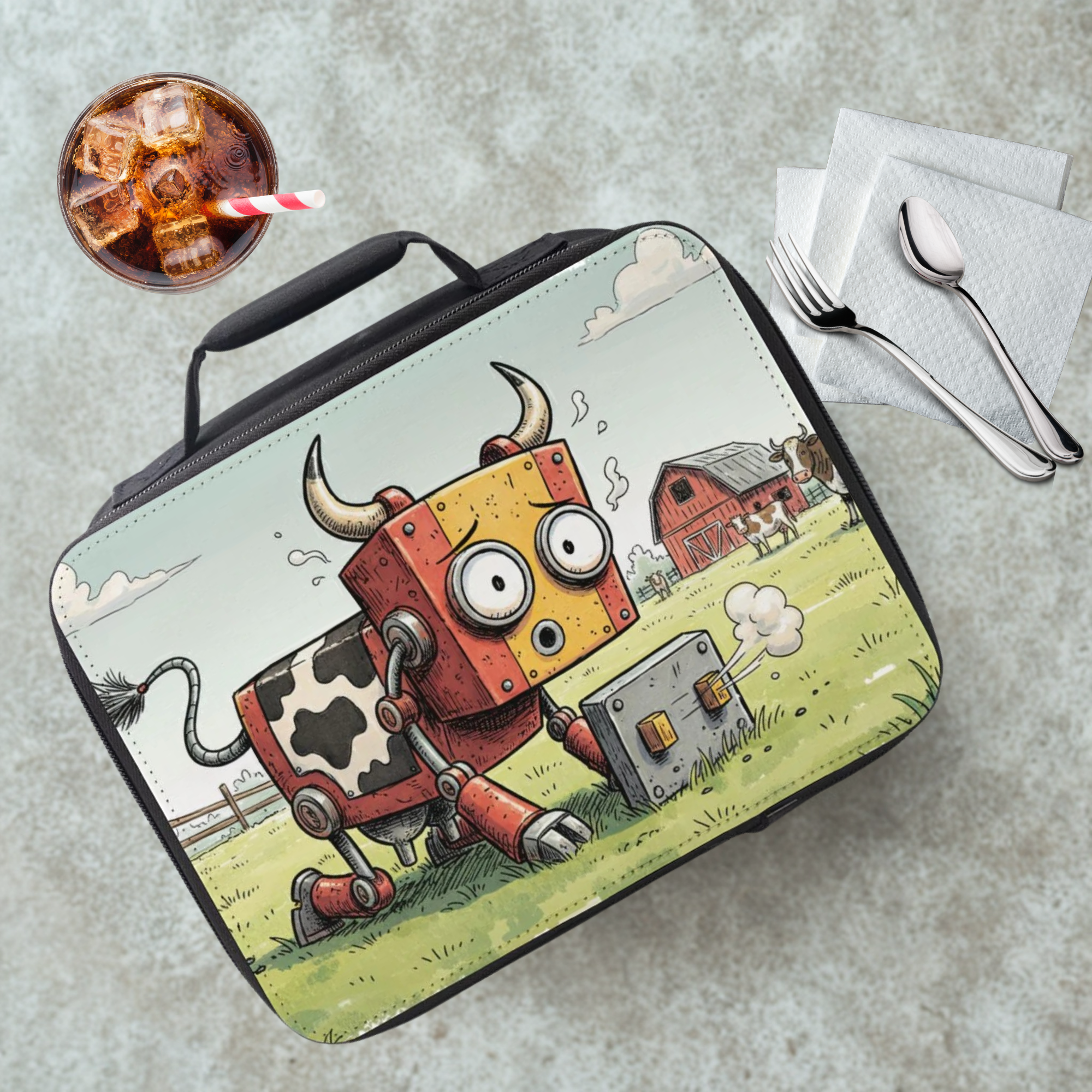 Lunch bag with a cow robot design on a cafeteria table with a drink and utensils.