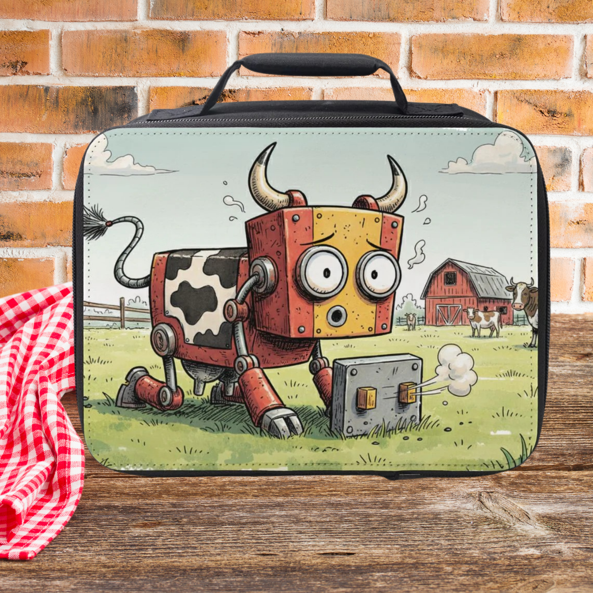 Lunch bag with a cow robot design on a wooden picnic table and brick wall background