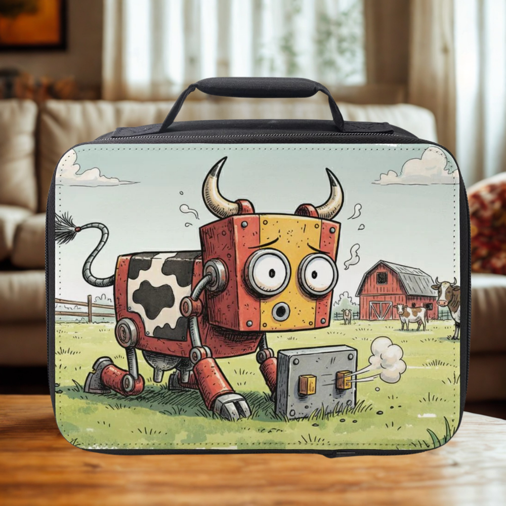  insulated lunch bag with cartoon robot cow design on a wooden coffee table in a living room.