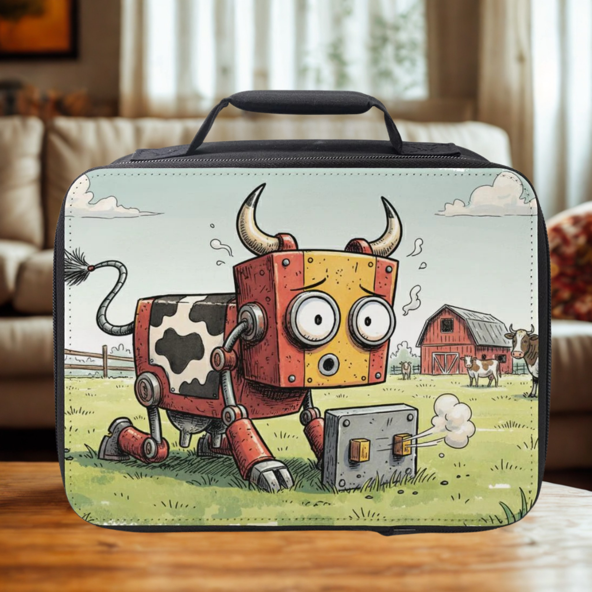  insulated lunch bag with cartoon robot cow design on a wooden coffee table in a living room.