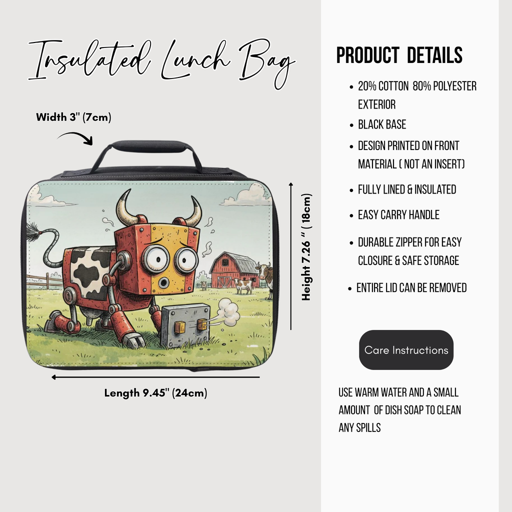 Insulated lunch bag with cartoon robot  cow design and product details on a white background