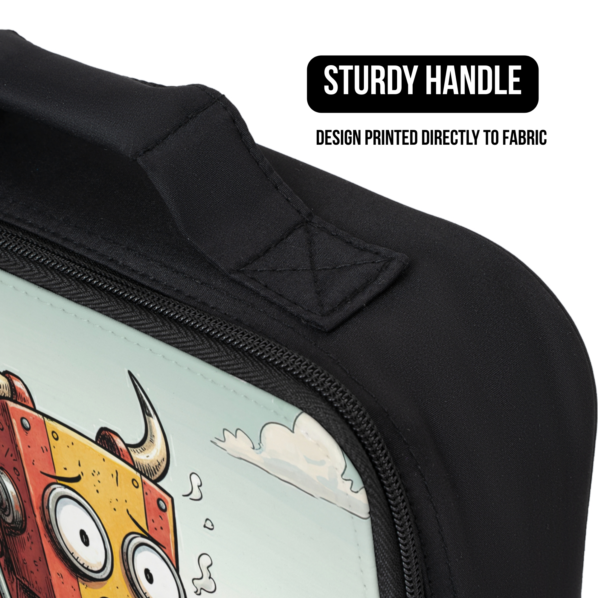 Black lunch bag with a cartoon design of a robotcow, featuring a sturdy handle.