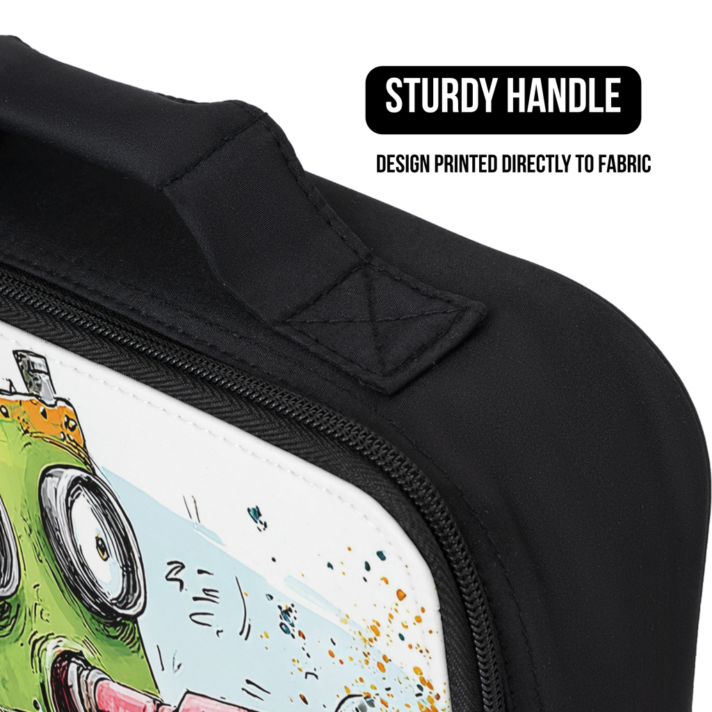 Black lunch bag with a colorful design on a white background, featuring text about a sturdy handle and direct to fabric printed design.