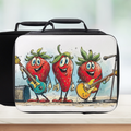 Lunch bag with cartoon strawberries playing guitars on a white background