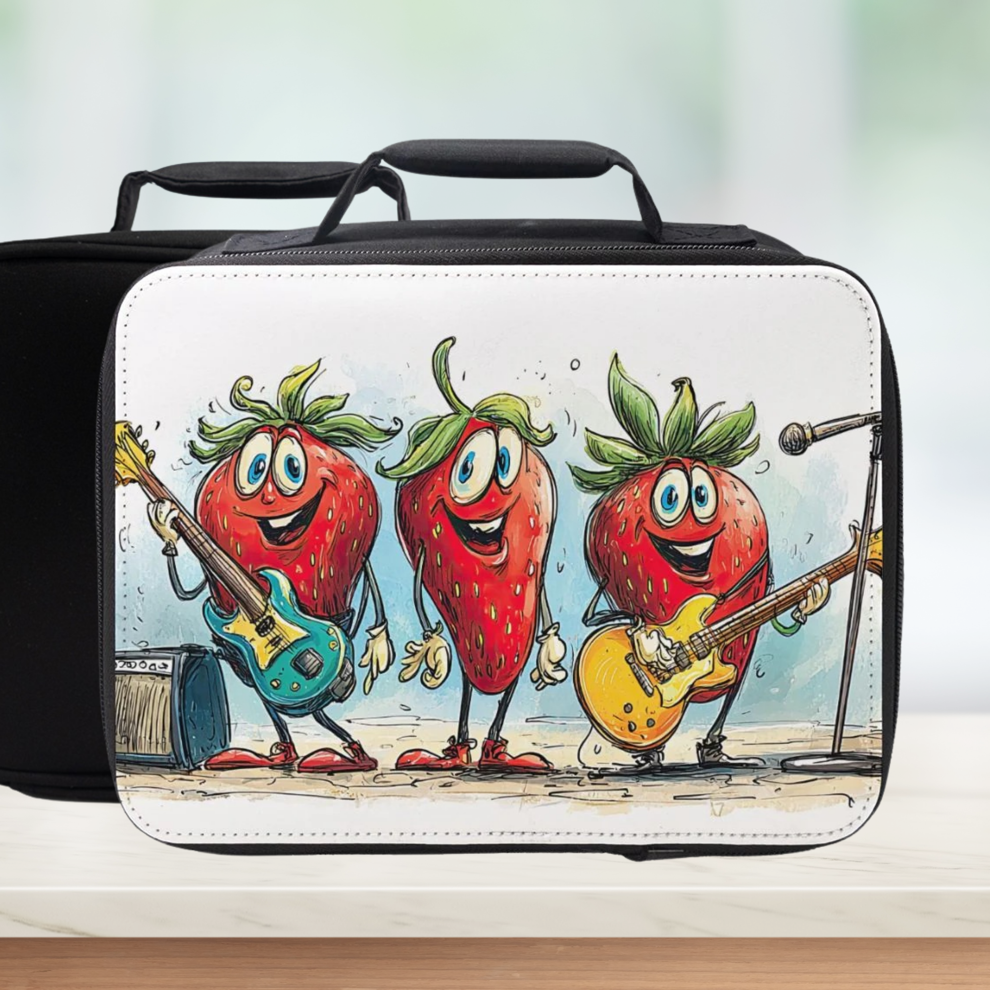 Lunch bag with cartoon strawberries playing guitars on a white background