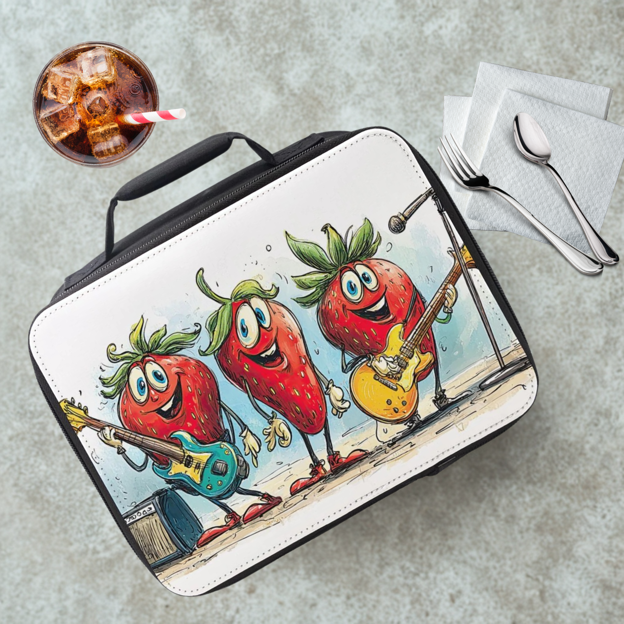 Lunch bag with cartoon strawberries playing guitars on a cafeteria table with a drink and utensils.