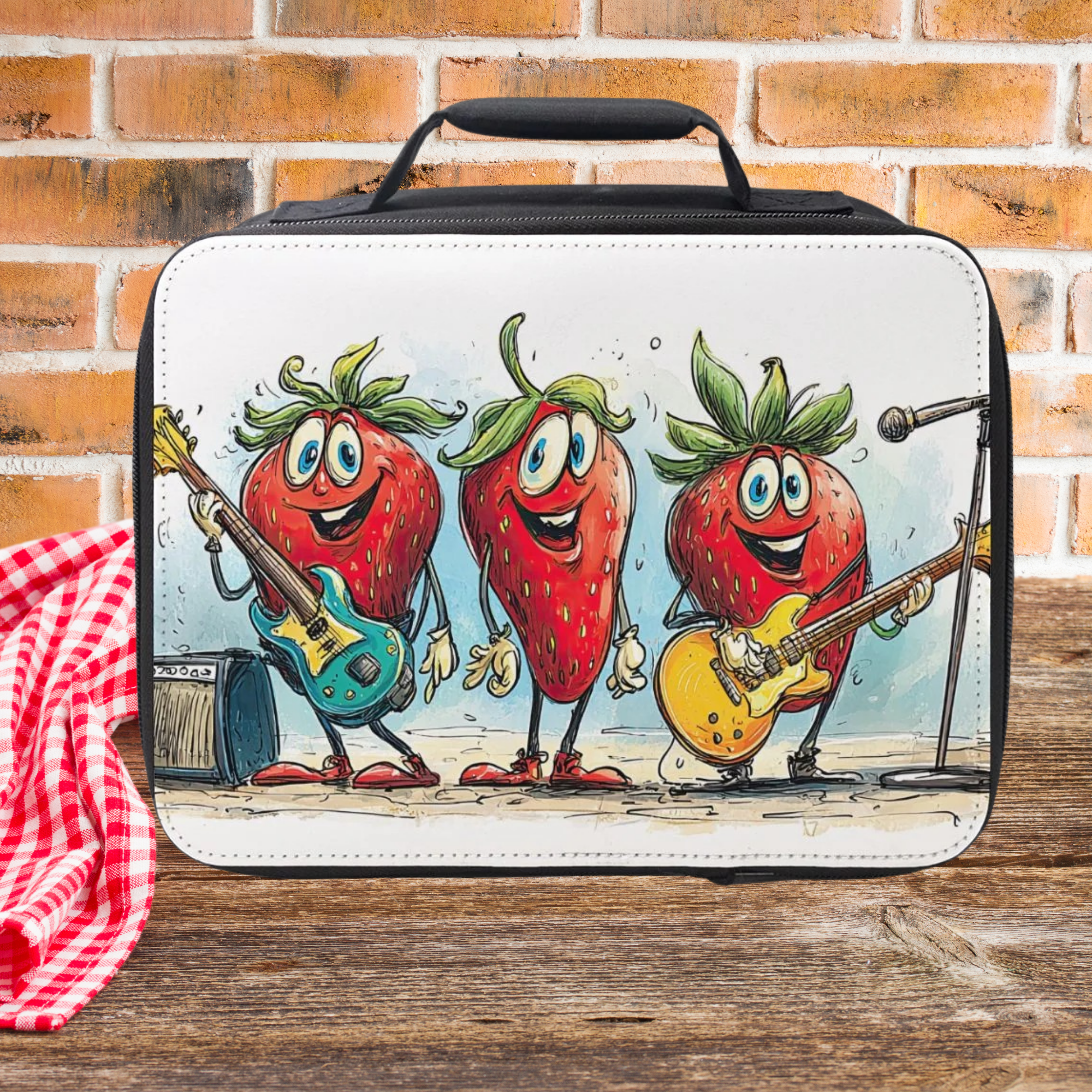 Lunch bag with cartoon strawberries playing guitars on a picnic table against a brick wall background