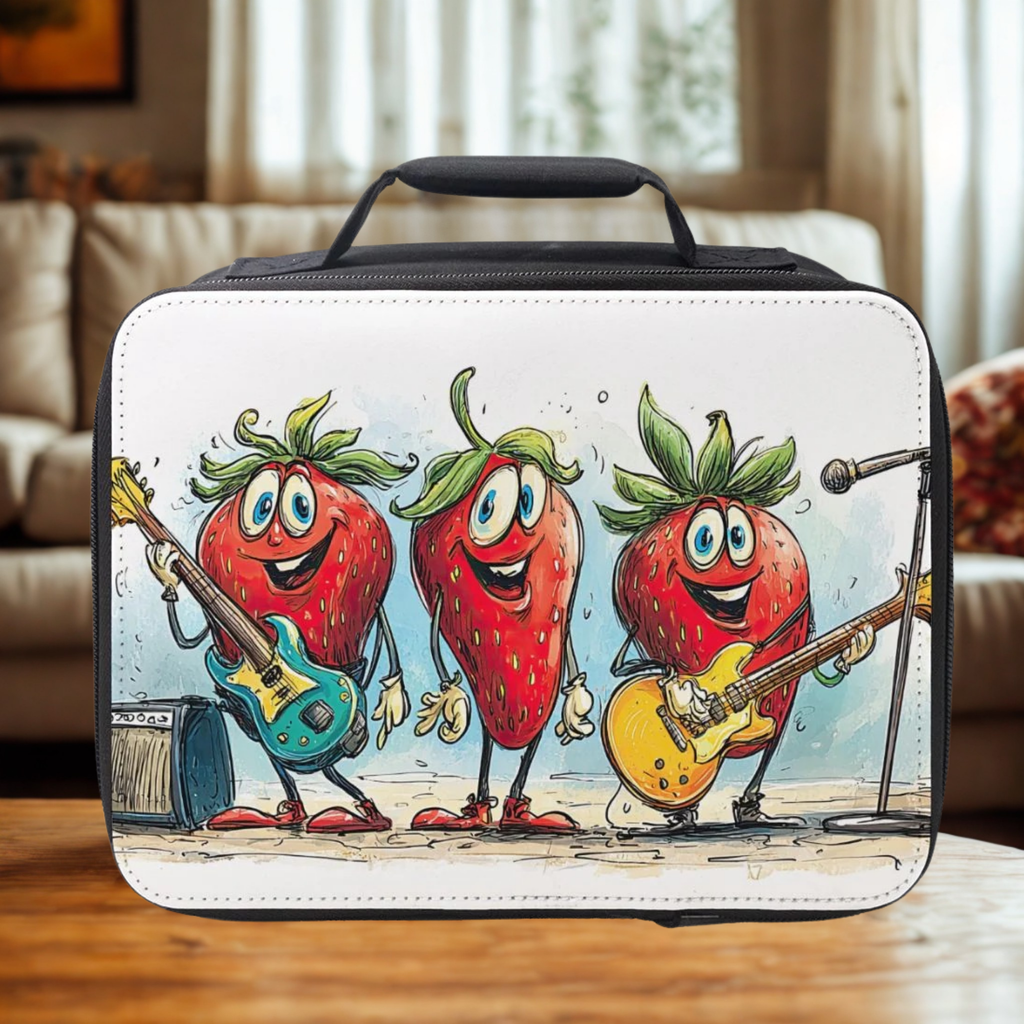  lunch box with cartoon strawberries playing guitars on a wooden coffee table in a cozy living room.