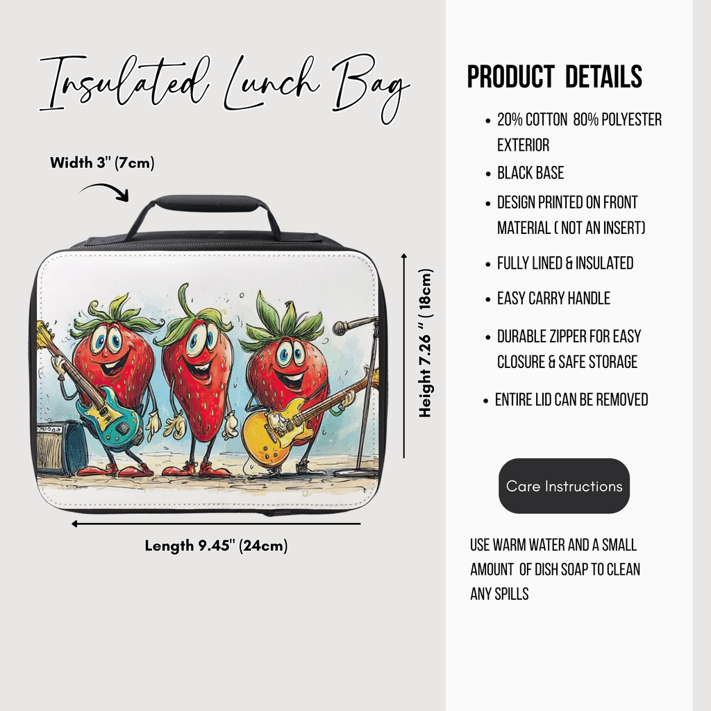 Insulated lunch bag with cartoon strawberries playing instruments on a white background