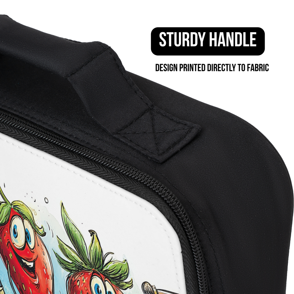 Black lunch bag with a colorful design of strawberries and text about a sturdy handle and printed design.