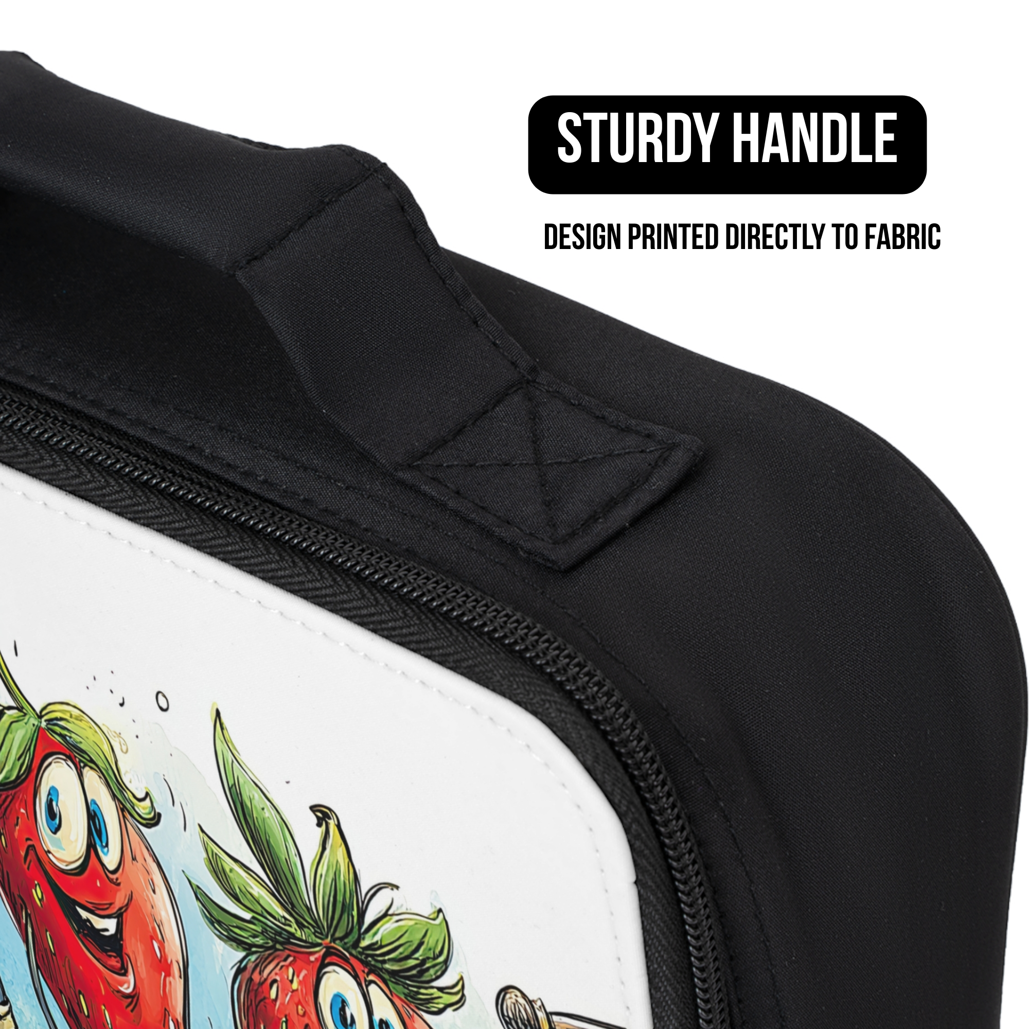 Black lunch bag with a colorful design of strawberries and text about a sturdy handle and printed design.