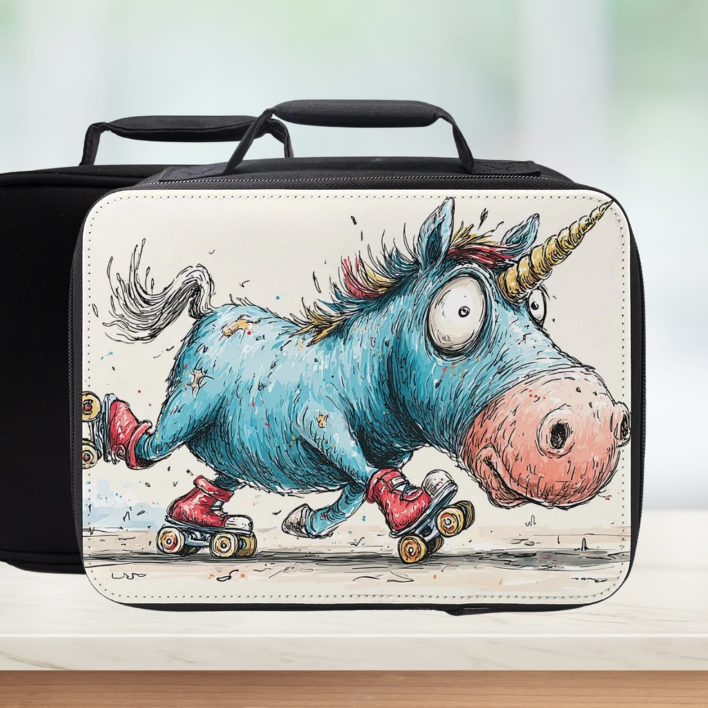  insulated lunch bag with a unicorn design on a white background