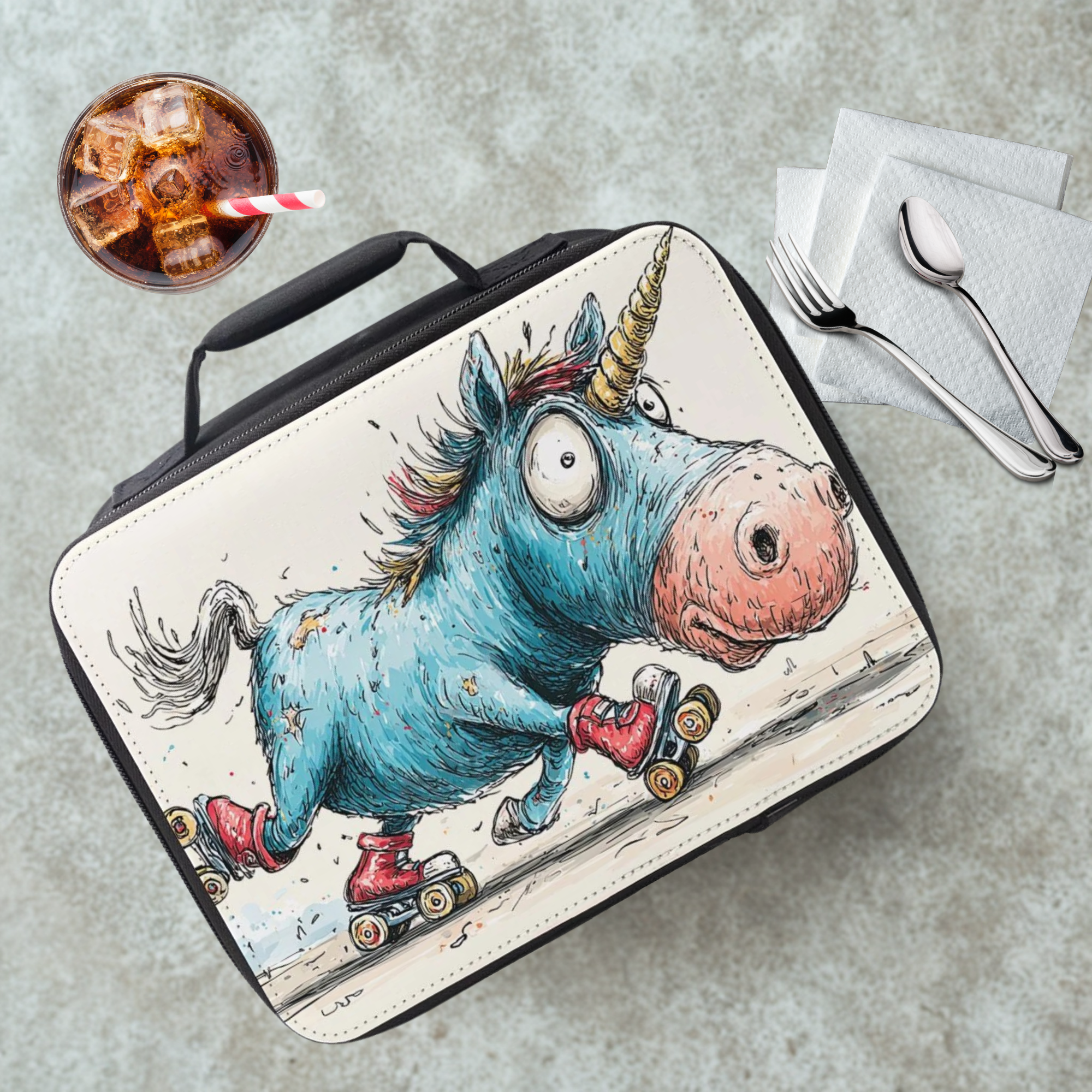  insulated lunch bag with a unicorn design on a cafeteria table with a drink and utensils.
