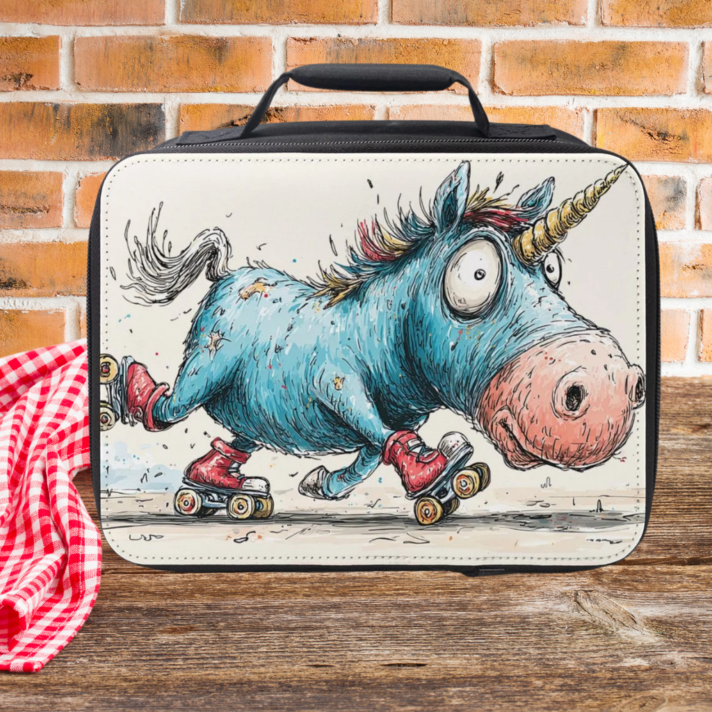  insulated lunch bag with a unicorn skating design on a wooden picnic table with a brick wall background