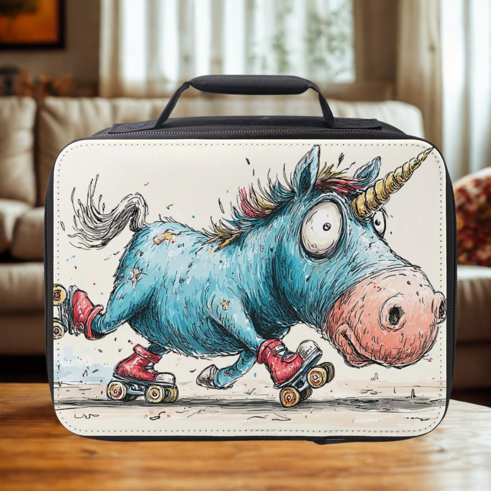  insulated lunch bag with a unicorn design on a wooden coffee table in a cozy living room.