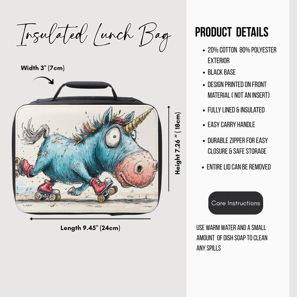 Insulated lunch bag with a unicorn design, featuring dimensions and product details on a white background.