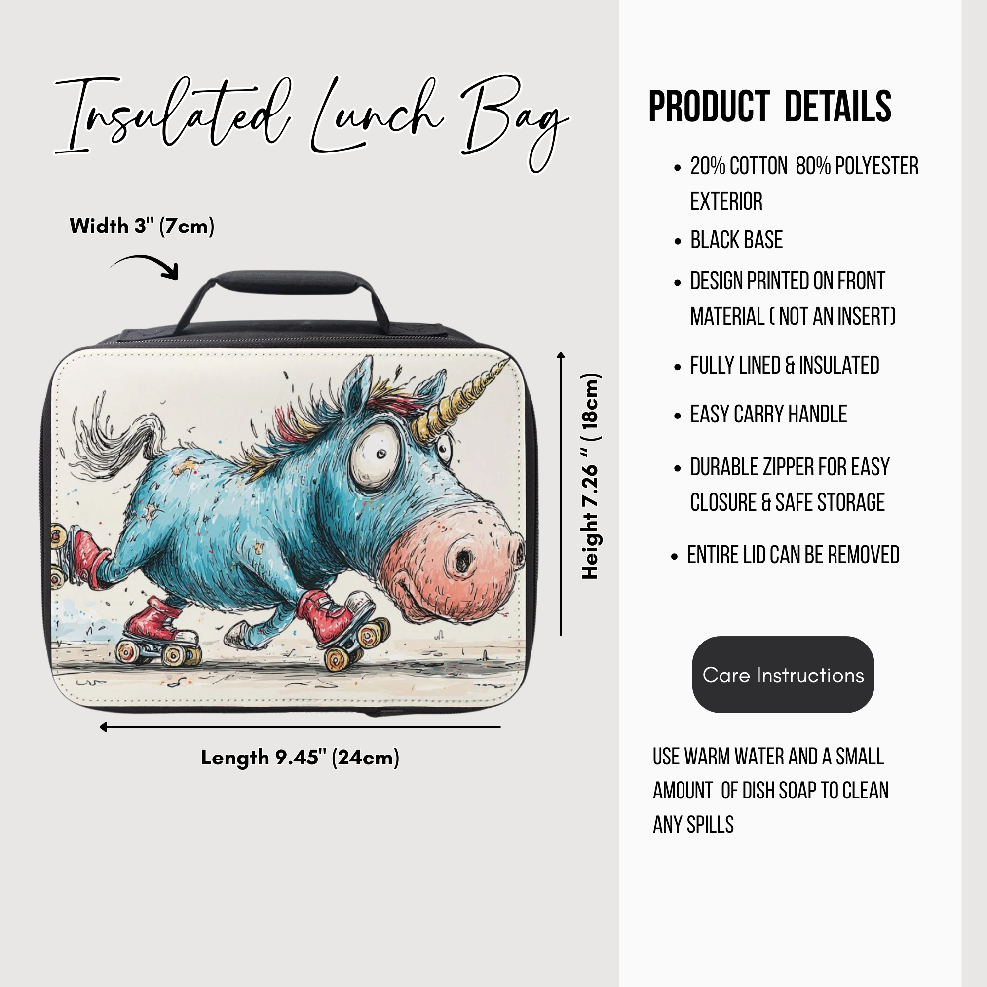Insulated lunch bag with a unicorn design, featuring dimensions and product details on a white background.
