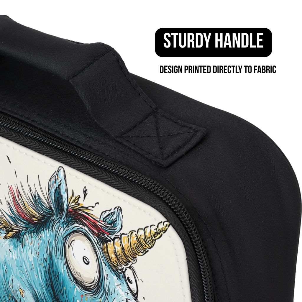 Black lunch bag with a colorful unicorn design and 'Sturdy Handle' text on a white background