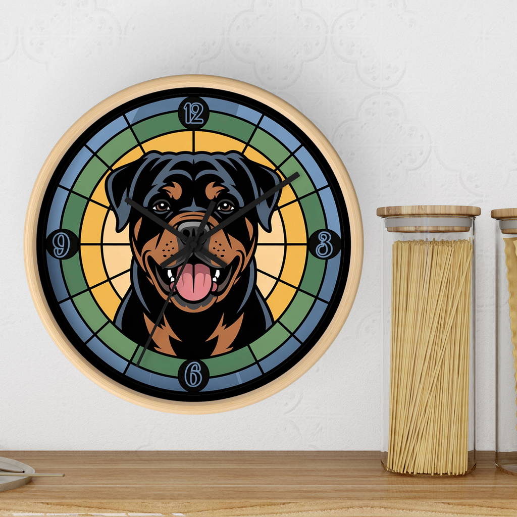 Wall clock with a Rottweiler dog design on a white wall next to jars of pasta