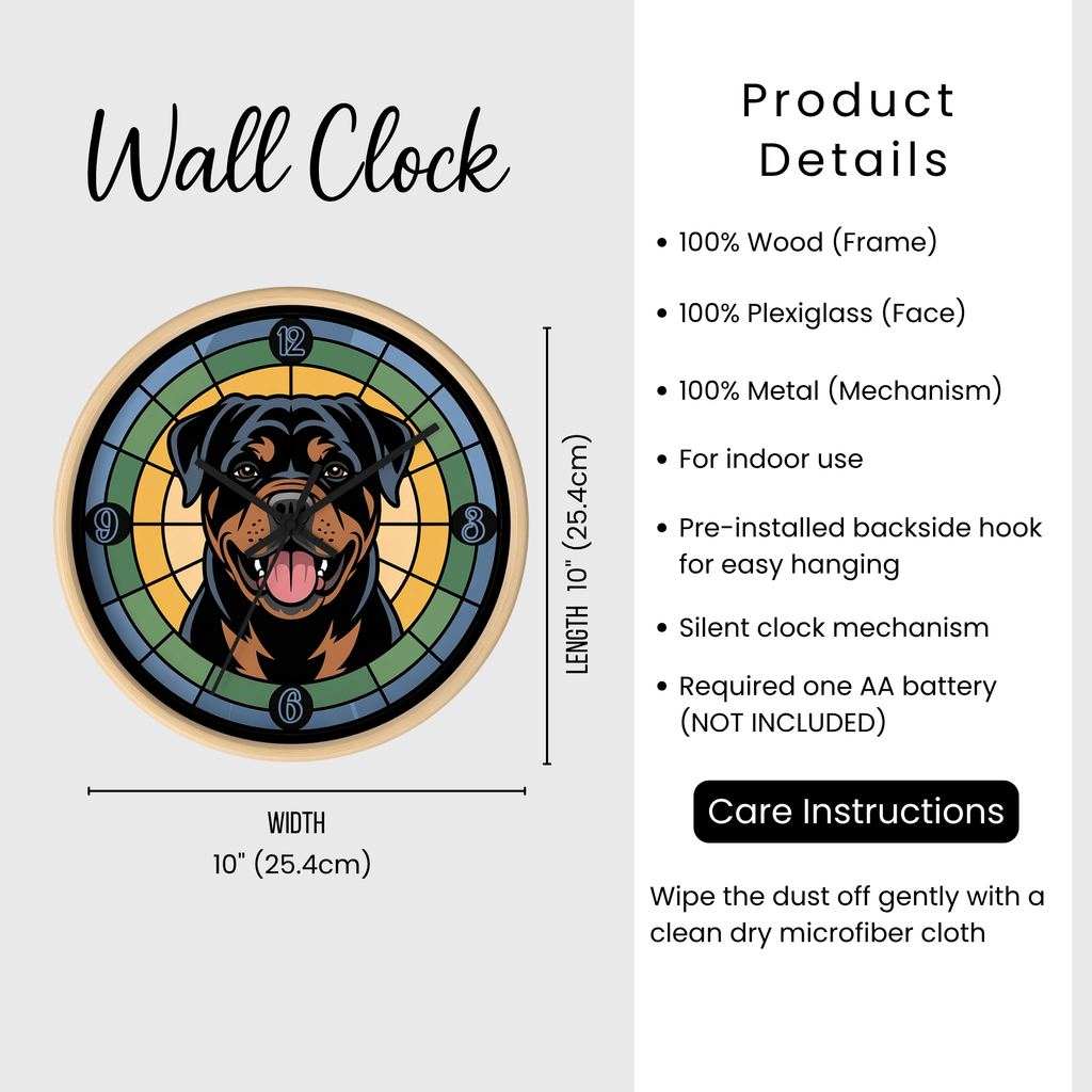 Wall clock with dog illustration and product details on a white background